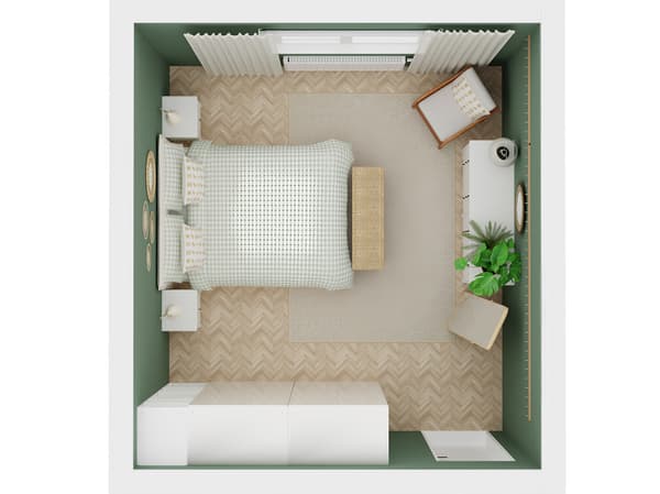 A bird's eye view of a bedroom rendering in a planner