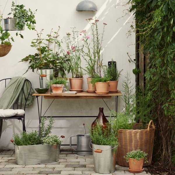 A black and light brown TÄRNÖ table in front of a white outdoor wall, filled with green potted plants and flowers.