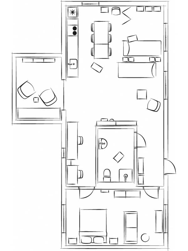A black-and-white floorplan of an apartment.
