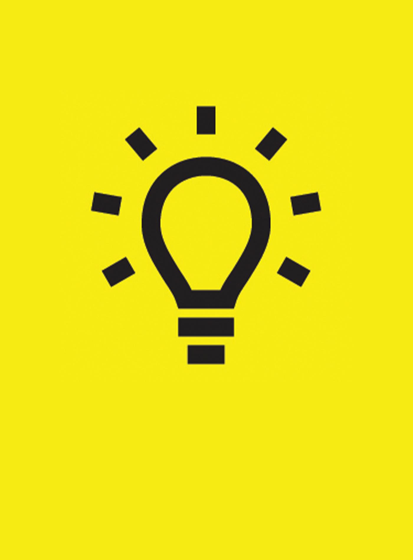 A black and white graphic symbol of a bright light bulb