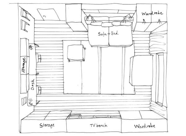 A black and white hand-drawn sketch showing the layout of a 24-hour living space.