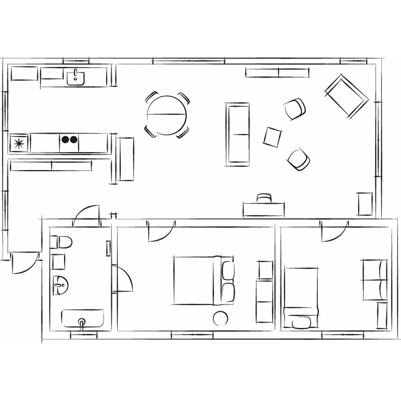 A black and white illustrated floor plan of the famhouse-style apartment showing the furniture placement.