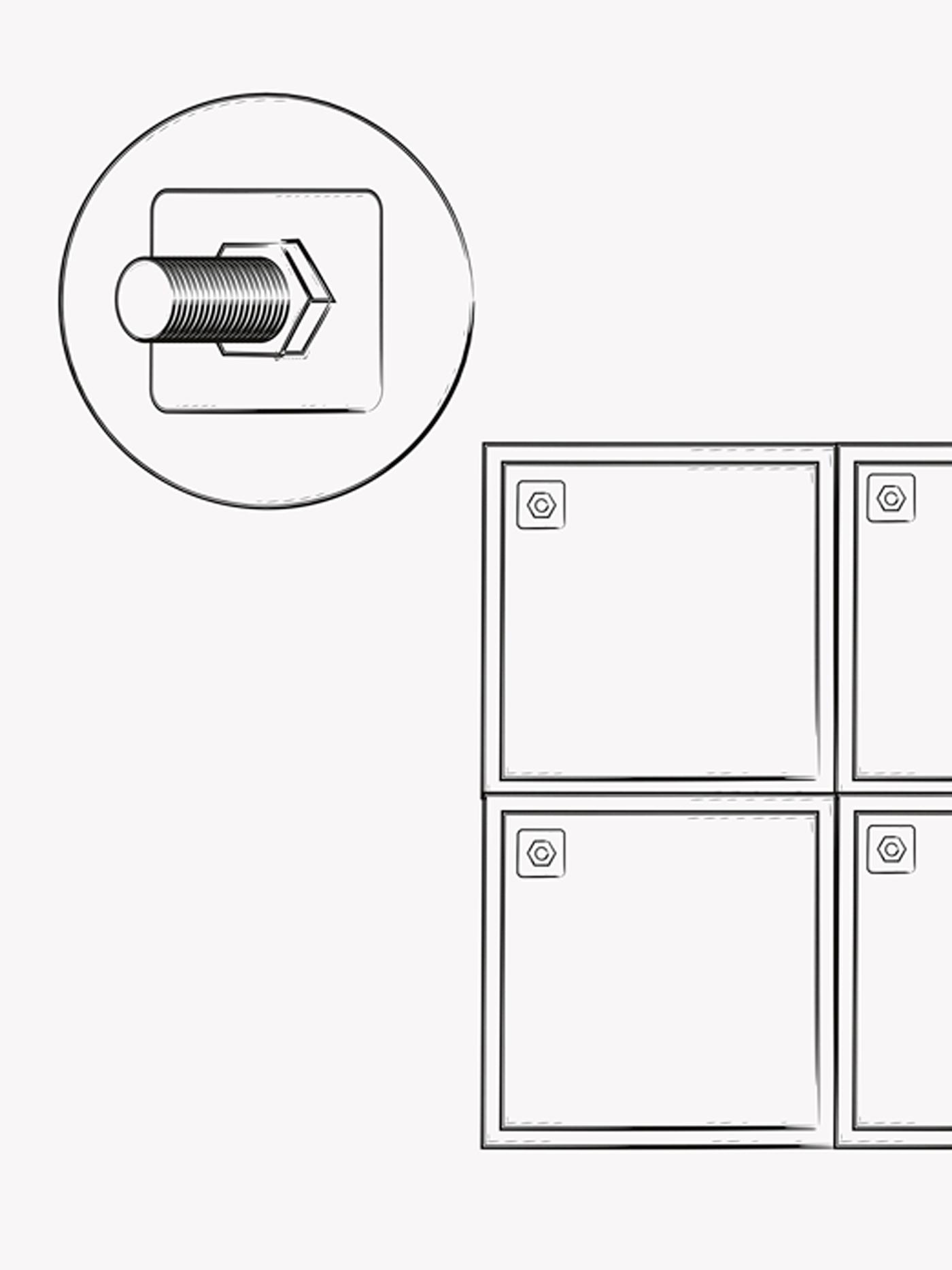 A black and white illustration of a screw and bolt plus a drawing of cabinets stacked on top of each other.