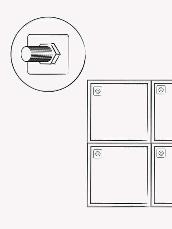 A black and white illustration of a screw and bolt plus a drawing of cabinets stacked on top of each other.