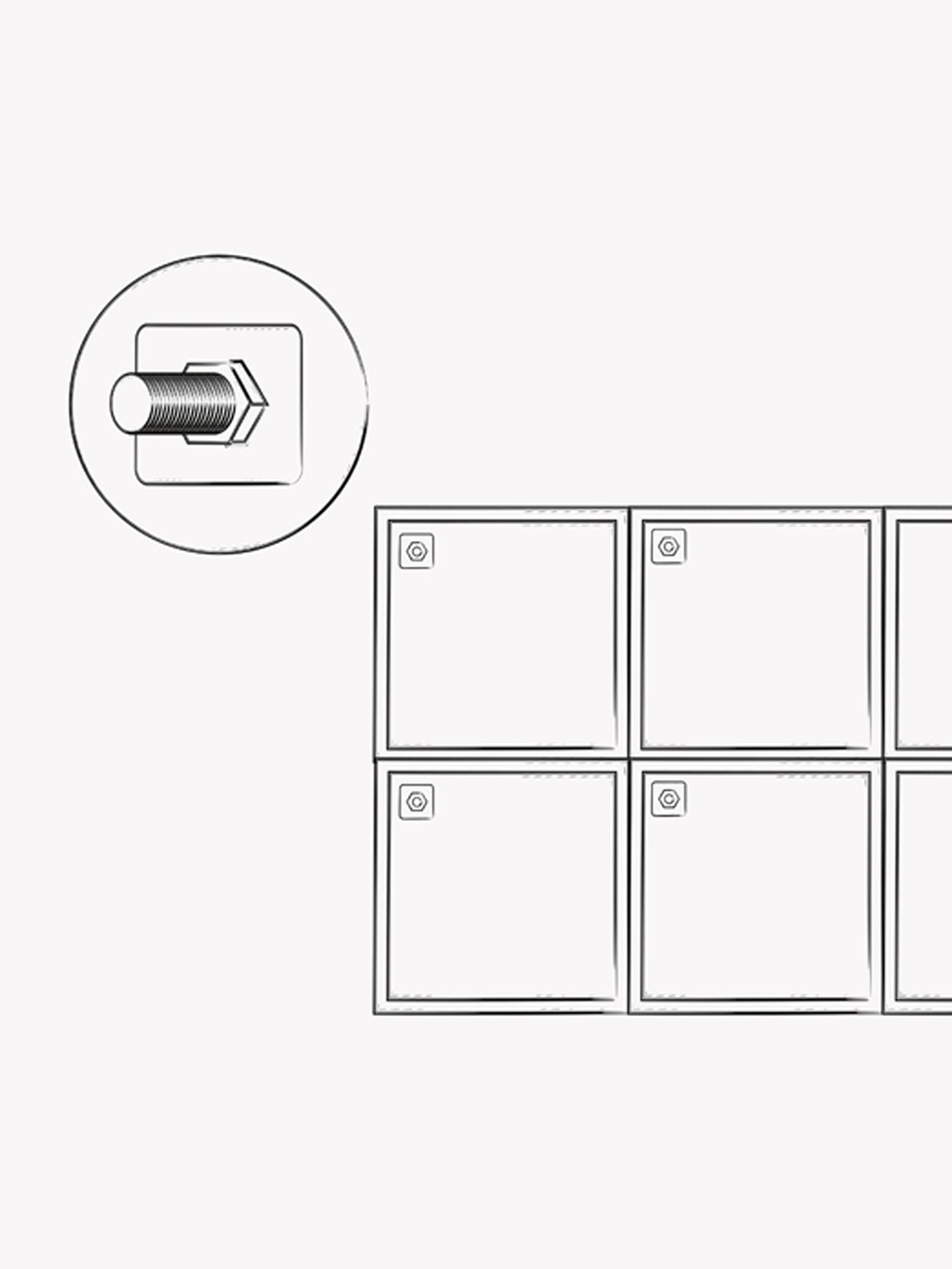 A black and white illustration of a screw and bolt plus a drawing of cabinets stacked on top of each other.