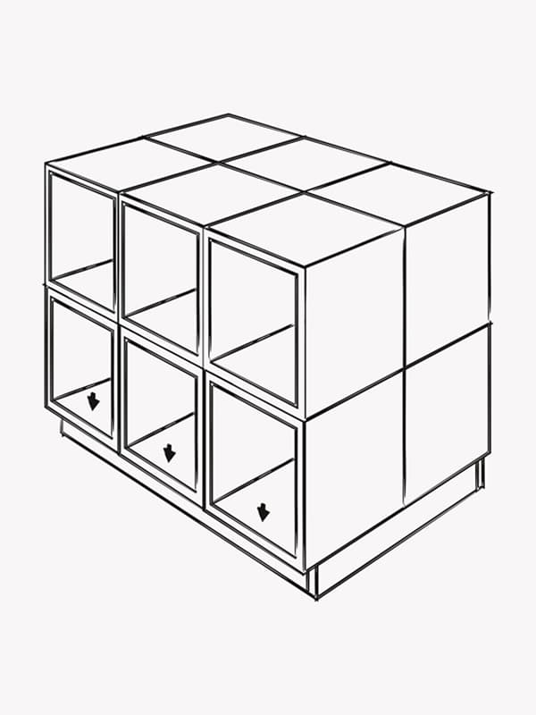 A black and white illustration of cabinets combined together to form a kitchen island on top of a frame.