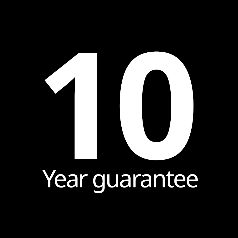 A black background with white text that reads "10 Year guarantee"