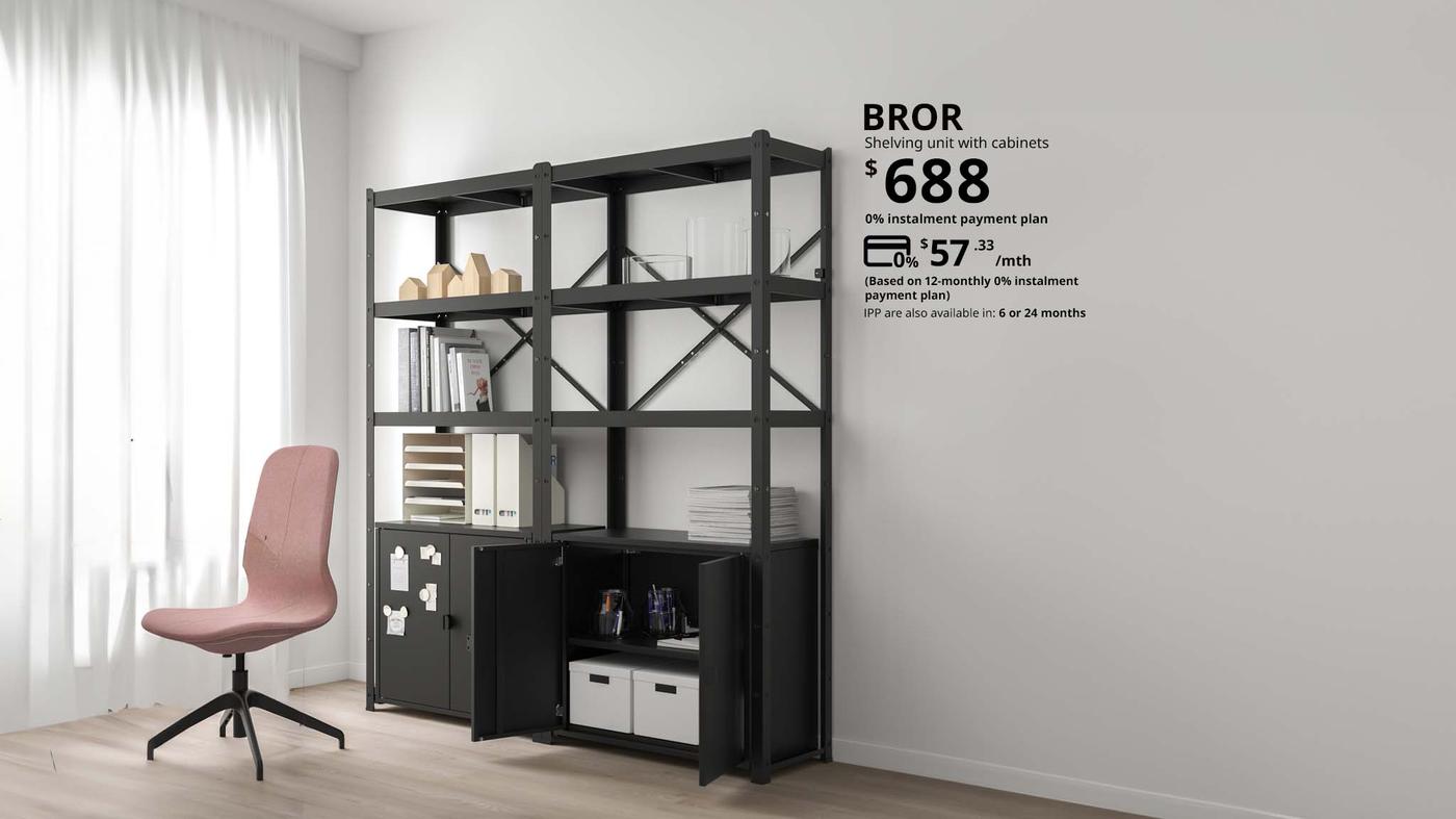A black BROR shelving unit with cabinets priced at $688 but now can be paid for $57.33 per month for 12 months