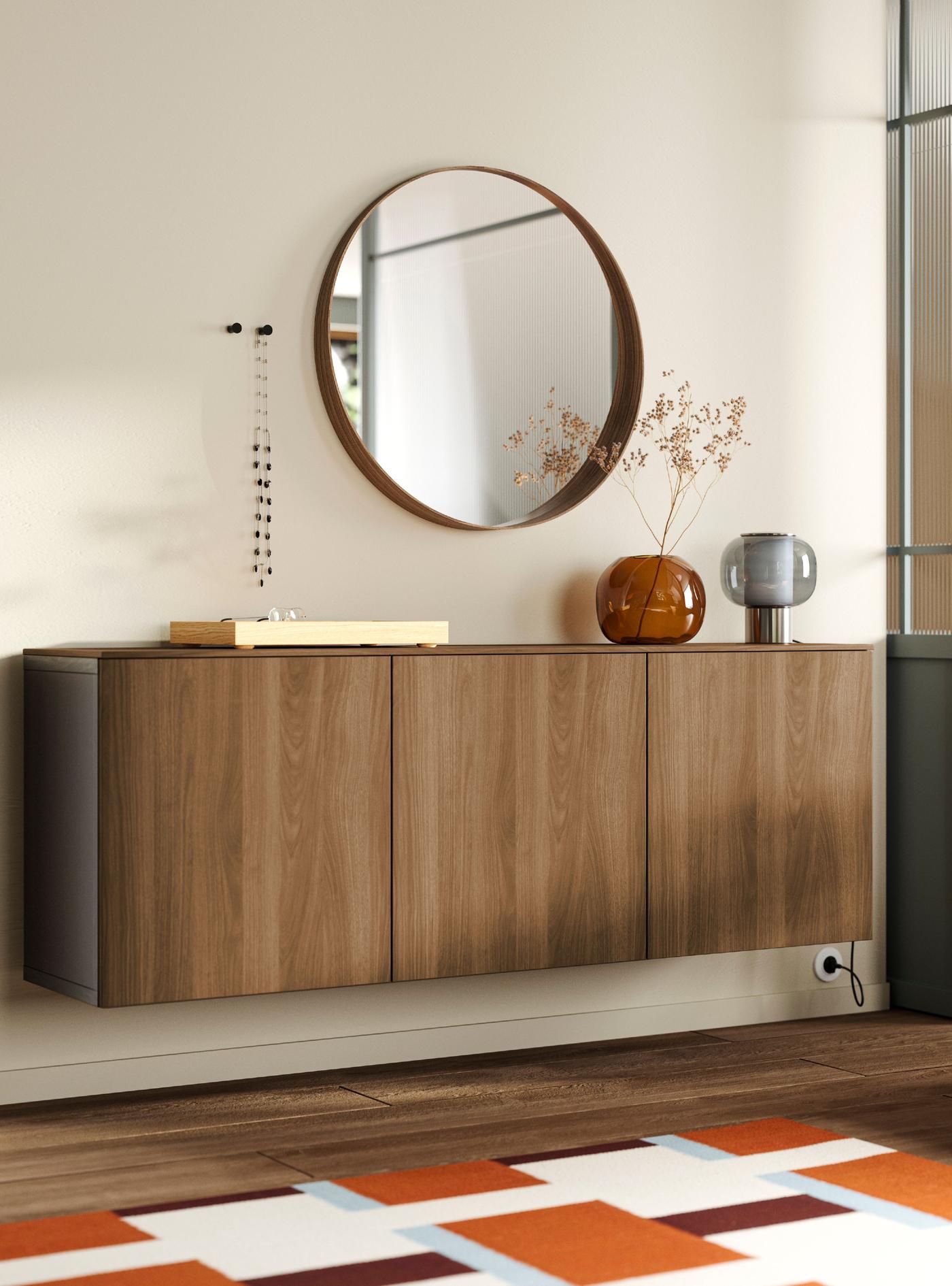 A black-brown Lappviken/brown walnut effect BESTÅ wall-mounted cabinet combination
