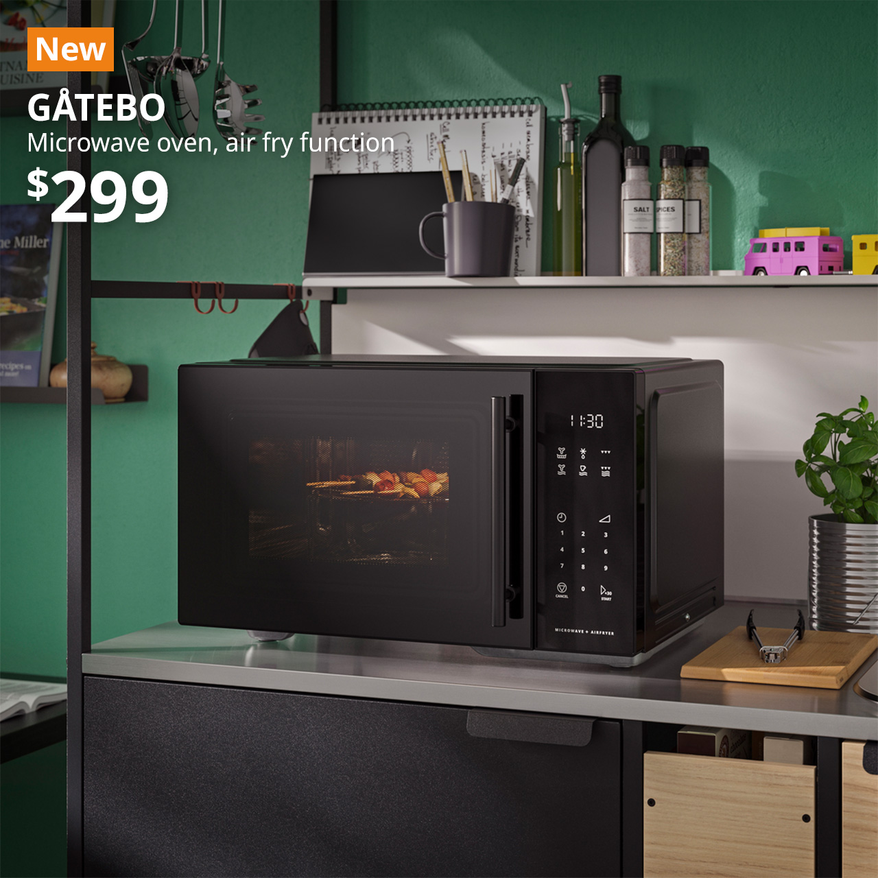 A black GÅTEBO microwave oven with air fry function in a kitchen setting. Top seller tag followed by white text over image on the left that reads "GÅTEBO, Microwave oven, air fry function." Price at $299.