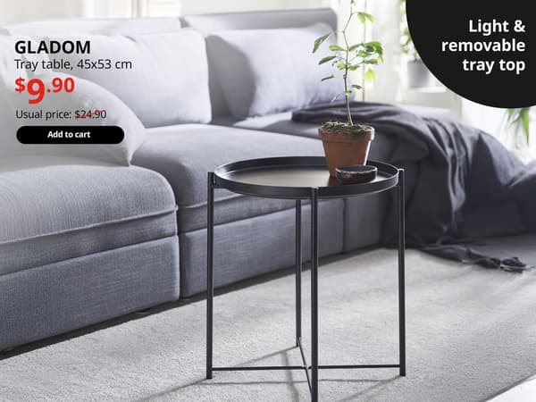 A black GLADOM tray table. On the top left-hand corner, black text that reads 