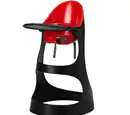 A black high chair with a red seat against a white background.