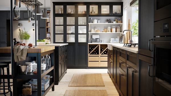 A black kitchen with a wooden floor, a black kitchen island, black cabinets and wine stored on open shelves.