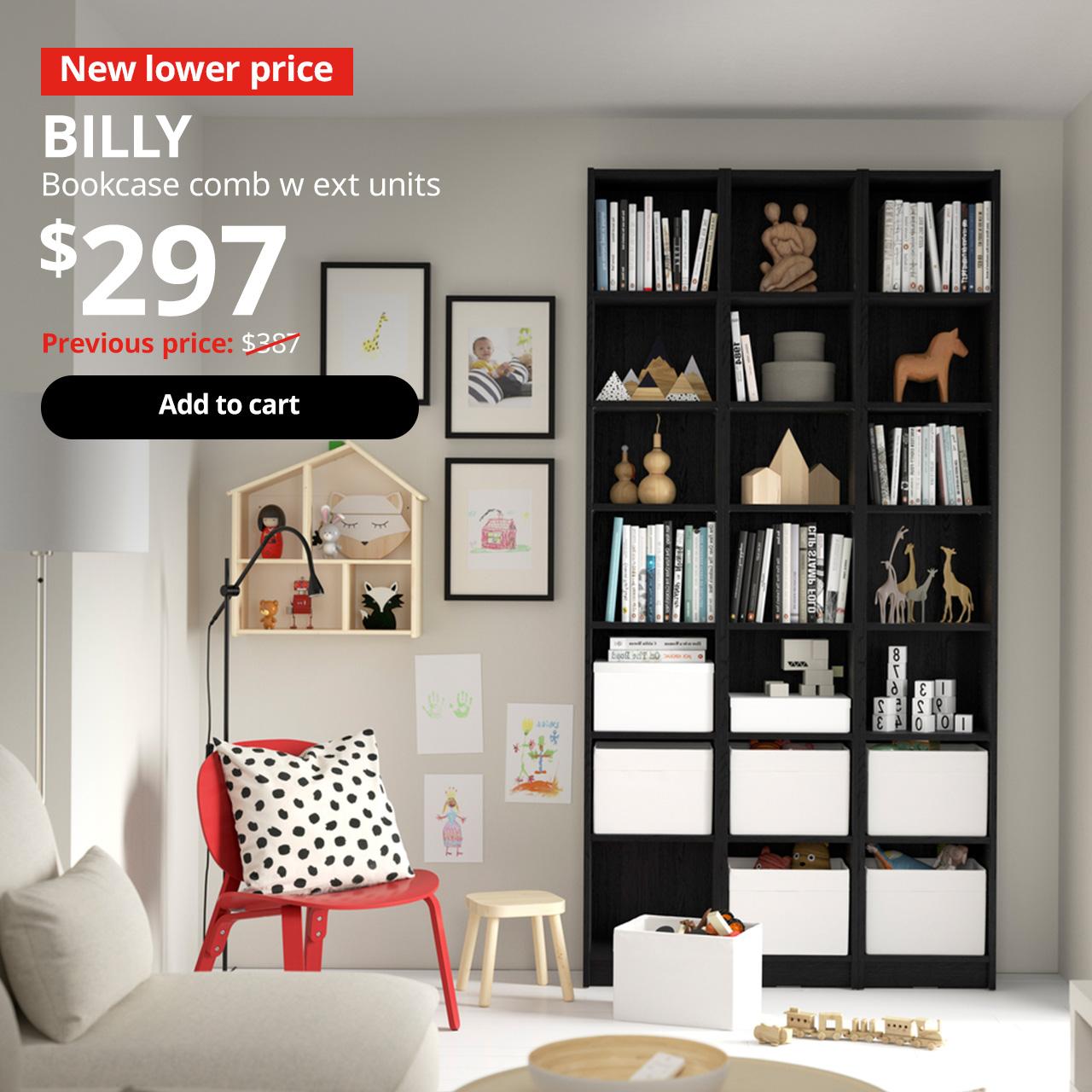 A black oak effect BILLY bookcase combination with extension unit in a living room setting. Red 'Lower price' tag with white font on top left of image. White text reads "BILLY, Bookcase comb w ext units, $297." With previous price of $387 slashed.