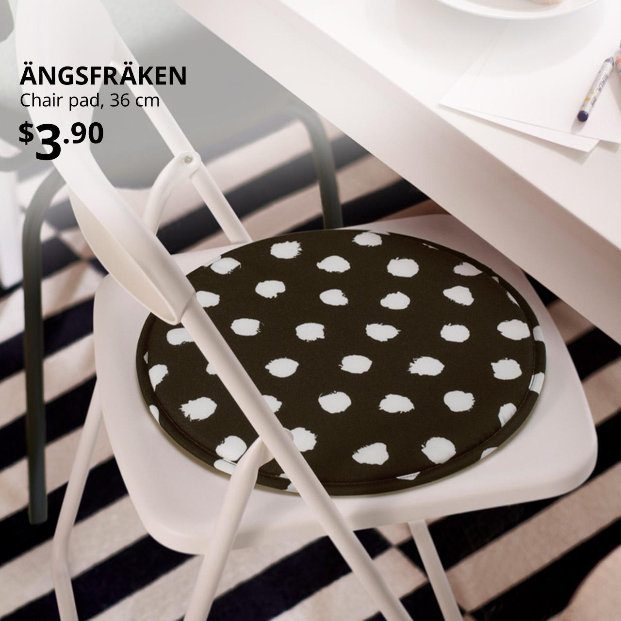 A black/white ÄNGSFRÄKEN Chair pad. Black text on top left of the image reads: ÄNGSFRÄKEN, Chair pad, 36 cm, $3.90.