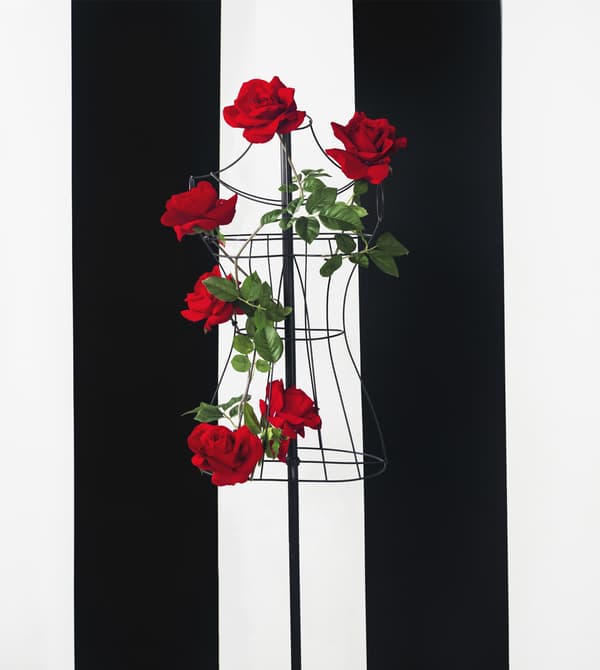 A black wire valet stand with red roses woven around it.