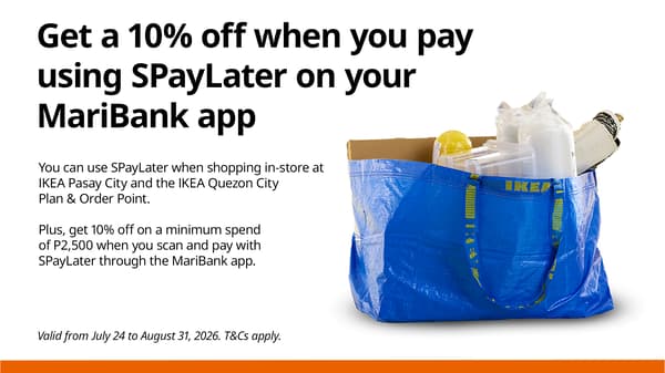 A blue IKEA bag filled with various items is placed against a white background with text offering a 10% rebate for using SPayLater on the MariBank app.