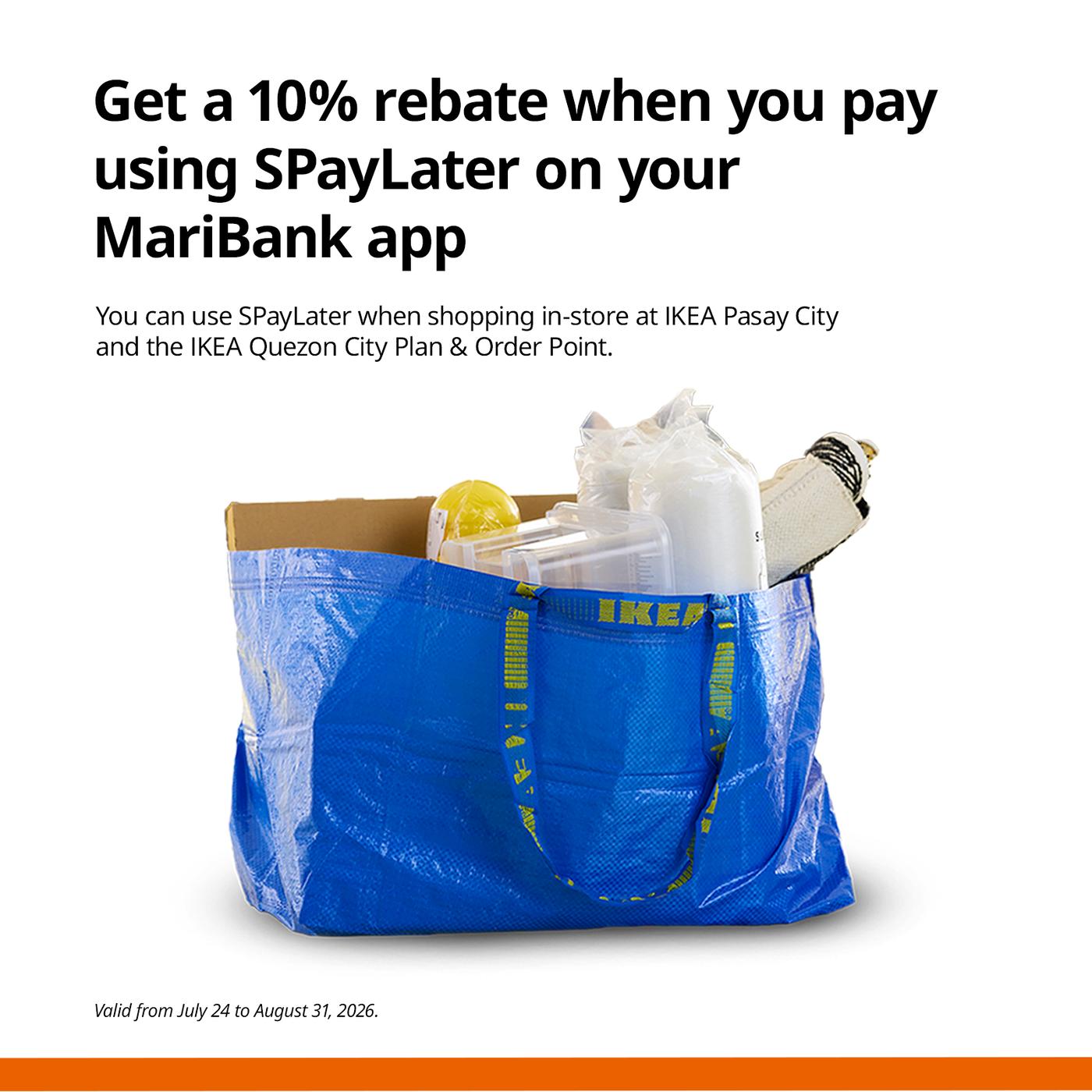 A blue IKEA bag filled with various items is placed against a white background with text offering a 10% rebate for using SPayLater on the MariBank app.