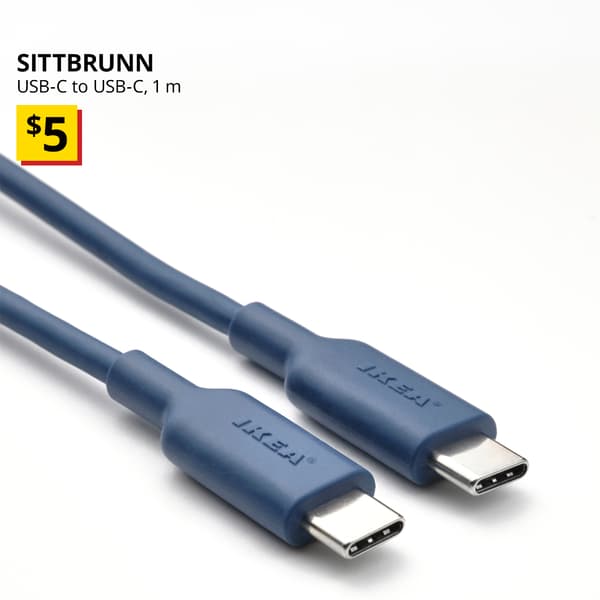 A blue SITTBRUNN USB-C to USB-C one meter cable. Text on the top left of the image reads: SITTBRUNN, USB-C to USB-C, 1 m. Price: $5. 