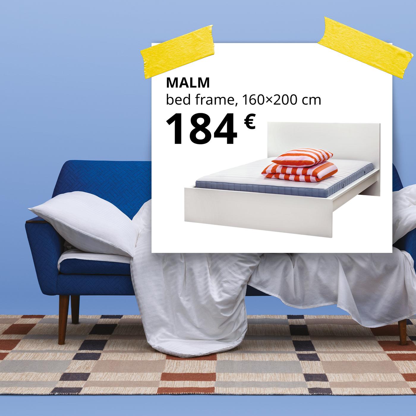A blue sofa with a white pillow and duvet sits unmade in a blue-toned room, suggesting an uncomfortable night’s sleep. A white sticker overlay highlights a simple solution—a MALM double bed frame for 184 €—to offer more comfort.