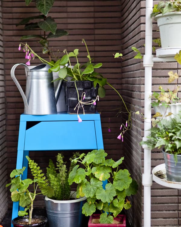 A blue table with watering can and plants brightens the corner of this city apartment balcony.