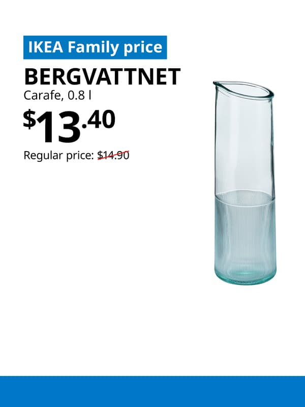 A blue tag with white text that reads "IKEA Family price" on the top left image. Followed by black text over image that reads "BERGVATTNET, Carafe, 0.8 l, $13.40" Regular price: $14.90 with red line slashed across. 