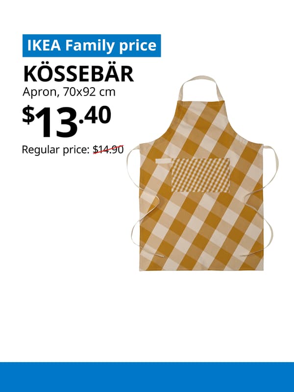 A blue tag with white text that reads "IKEA Family price" on the top left image. Followed by black text over image that reads "KÖSSEBÄR, Apron, 70x92 cm, $13.40" Regular price: $14.90 with red line slashed across. 