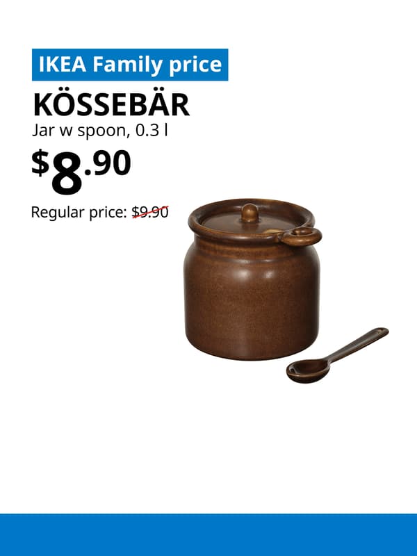 A blue tag with white text that reads "IKEA Family price" on the top left image. Followed by black text over image that reads "KÖSSEBÄR, Jar w spoon, 0.3 l, $8.90" Regular price: $9.90 with red line slashed across. 