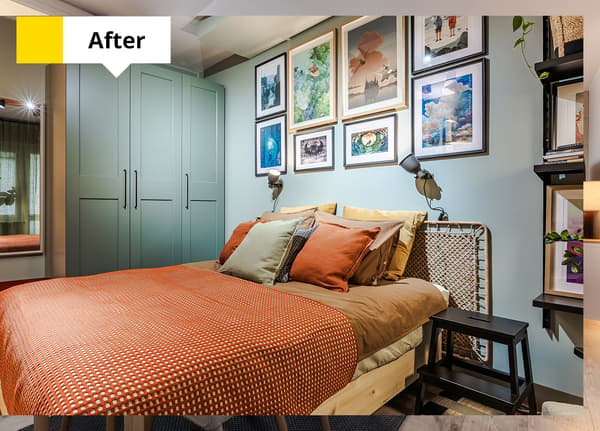 A boho-inspired bedroom with a wooden bed, an orange bedspread, a gallery wall of framed prints, a spacious wardrobe and shelving for plants. A label in the top-left corner reads “After”.
