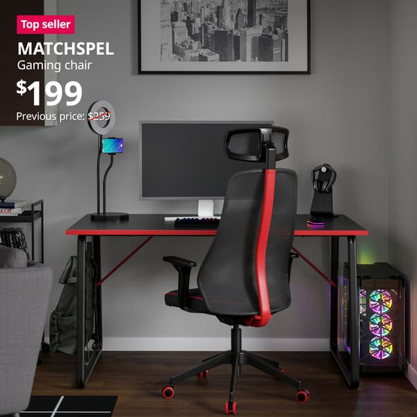 A bormstad black MATCHSPEL gaming chair/office chair positioned infront of the computer table. A red "Top seller" label is on the top left of image, with white text below that reads: MATCHSPEL, Gaming chair. $199. Previous price with red slash: $259.