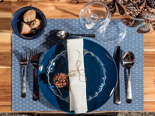 a bowl and blue plates