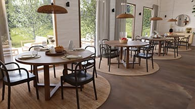 A bright restaurant taking nature as its inspiration. An elegant and cosy restaurant, designed with furniture ideal for public spaces, where people can enjoy dining in a warm, tranquil setting flooded with natural light. The combination of wood, natural fibres and balanced decor makes for a relaxed and contemporary atmosphere.