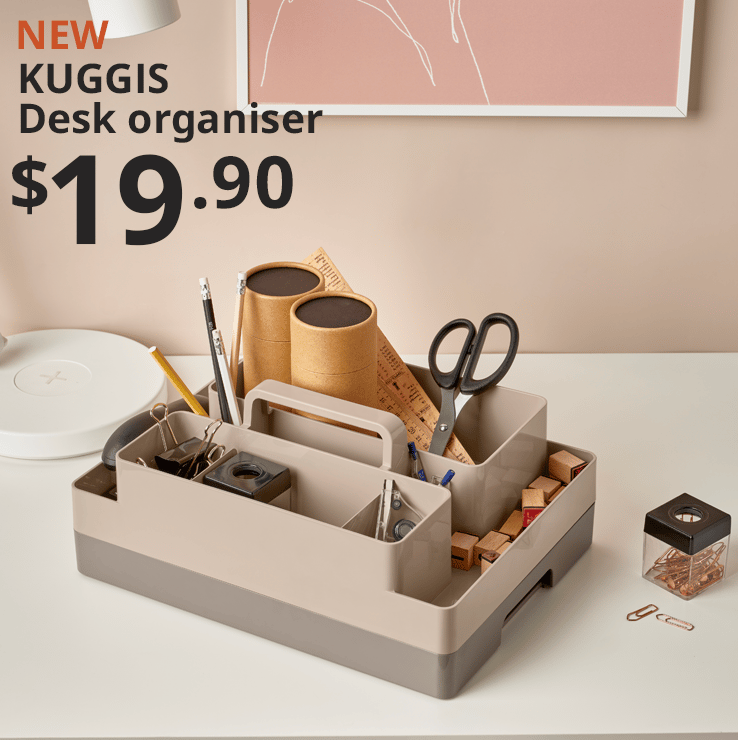 A brown and grey KUGGIS desk organiser is placed on a study and it is filled with stationery such as scissors, pencils and rulers. An orange "NEW" label is on the top left of the image with black text that reads: KUGGIS, desk organiser. $19.90