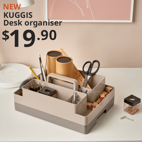 A brown and grey KUGGIS desk organiser is placed on a study and it is filled with stationery such as scissors, pencils and rulers. An orange "NEW" label is on the top left of the image with black text that reads: KUGGIS, desk organiser. $19.90