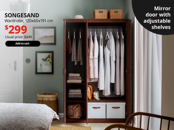 A brown SONGESAND wardrobe in the corner of a bedroom setting. On the top left-hand corner white text over image that reads 