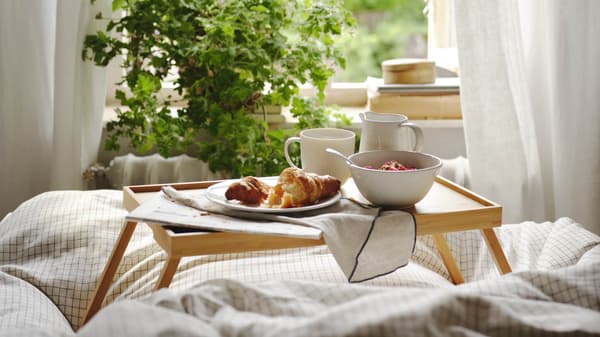 A brown tray with breakfast on it in a bed facing a bright window.