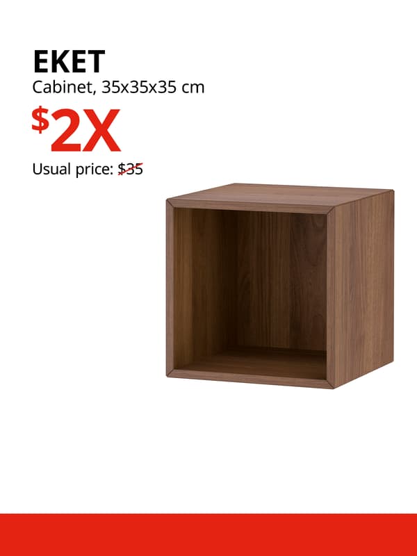 A brown-walnut effect EKET cabinet product display on a white background with black text that reads "EKET, Cabinet, 35x35x35 cm, Usual price: $35", price in red text that reads "$2X".