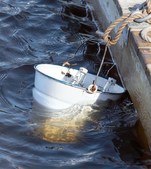A bucket holding chilled bottles tethered to a harbour.