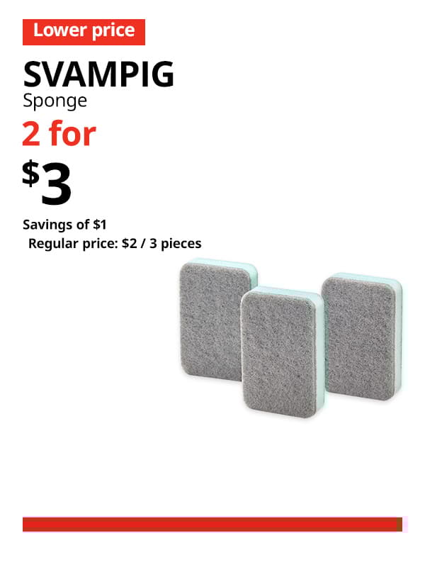A bundle of 3 grey-green SVAMPIG sponge. A red 'Lower price' tag, followed by black text that reads "SVAMPIG, Sponge" Multibuy deal of 2 for $3, with savings of $. Regular price, $2/3 pieces.
