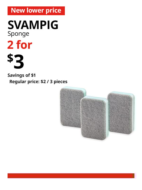 A bundle of 3 grey-green SVAMPIG sponge. A red 'New lower price' tag, followed by black text that reads "SVAMPIG, Sponge" Multibuy deal of 2 for $3, with savings of $. Regular price, $2/3 pieces.