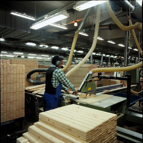 A carpenter wearing ear protection has piles of wooden boards around him while sawing wood with a machine in a factory.