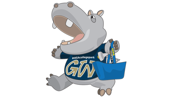 A cartoon Hippo with a GW on its shirt carrying an IKEA blue bag