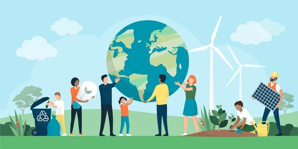 A cartoon image of people surrounding planet earth doing various sustainable actions including recycling and gardening.