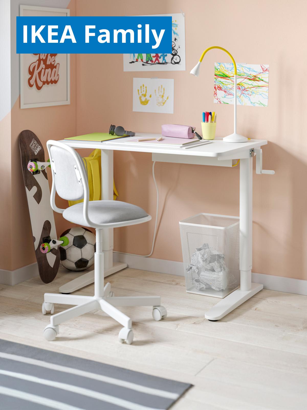 A children's room setting showcasing a white RELATERA sit/stand desk. On the top left corner, a blue tag with white text that reads "IKEA Family price".