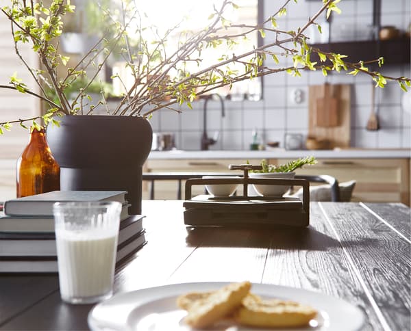 A close-up of a dark wood dining table with plants.