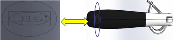 A close-up of an IKEA logo on a black handle, highlighted with a blue oval and a yellow double-headed arrow pointing to its location on the full handle.