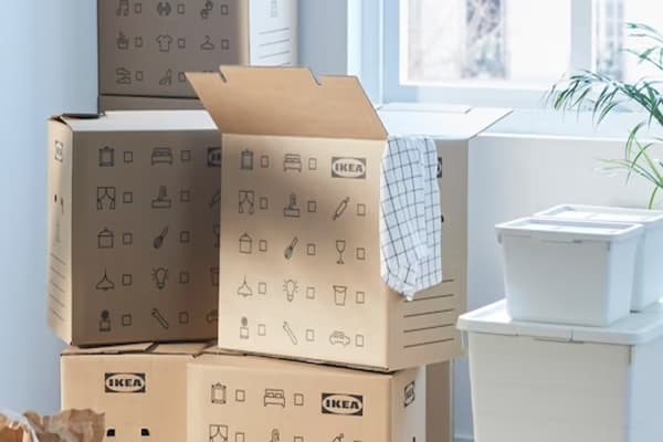 A close-up of cardboard boxes from IKEA