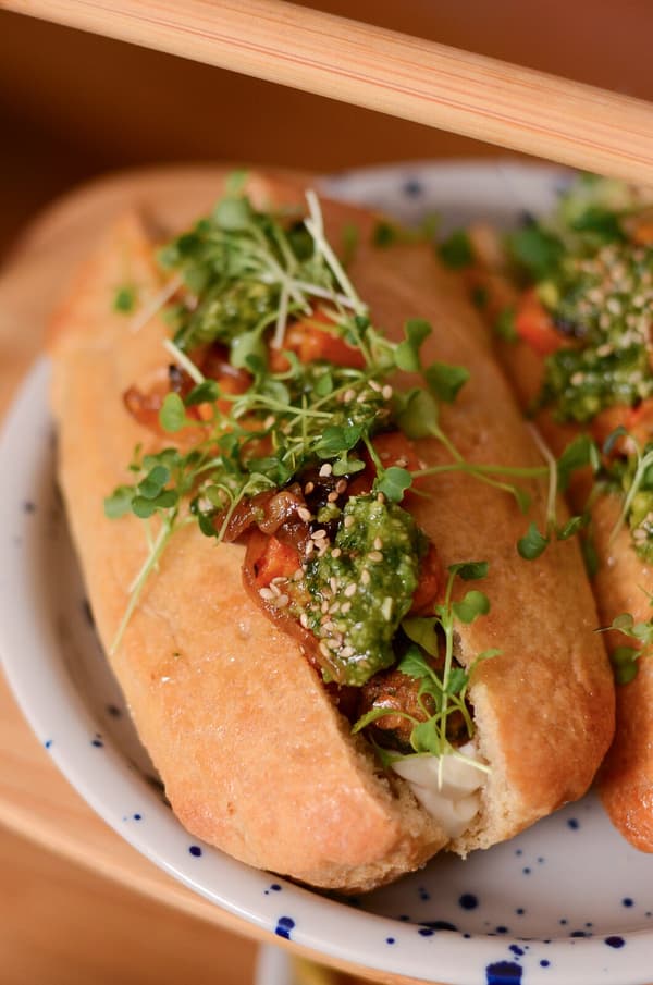 A close-up of the vegan hotdog
