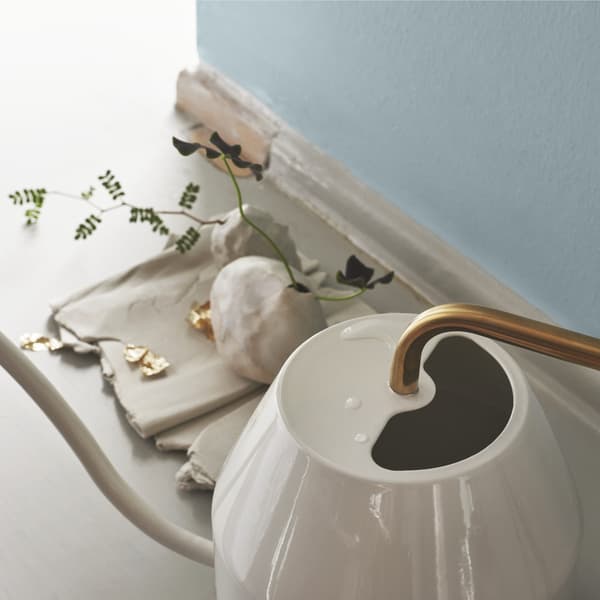 A close-up on a watering can with gold-colour handle.