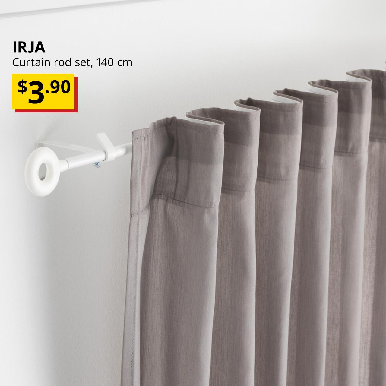A close-up side shot of a white IRJA curtain rod set. Black text overlay image that reads "IRJA, Curtain rod set, 140 cm", with breath-taking price tag in yellow/black "$3.90".